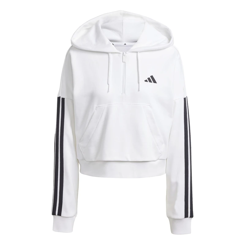 adidas Women's ESSENTIALS 3-STRIPES FRENCH TERRY QUARTER-ZIP HOODIE, White/Black, XS