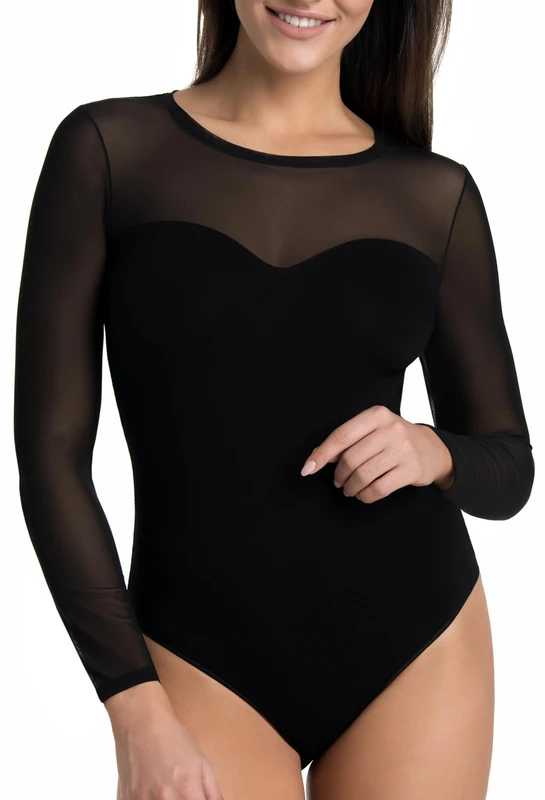Teyli Body Suits Women with Round Neck - Bodysuit Long Sleeve - Women's Bodysuits with Mesh - Elegant & Comfortable Fit for Any Occasion Black