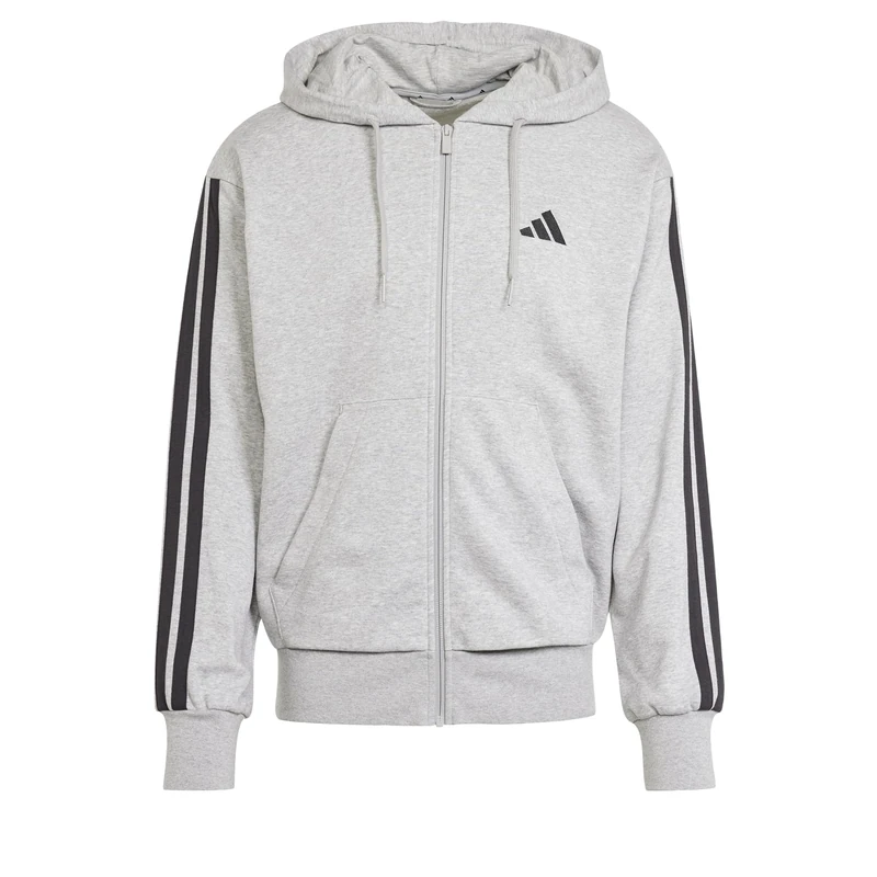 adidas Men's Essential Three Stripes French Terry Fullzip Hoodie Sweatshirt, Medium Grey Heather/Black, M