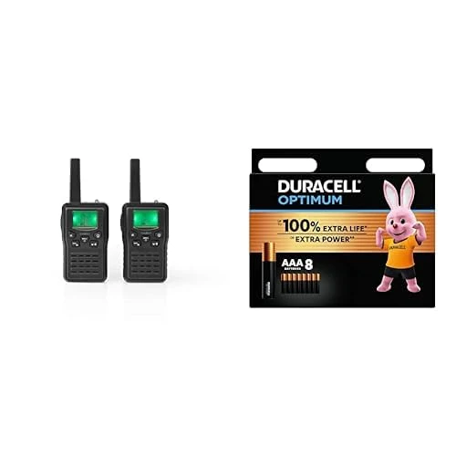 NEDISWalkie-TalkieRechargeableMicroUSB,6HTalktime,10kmRange,ChargingBase,2Pcs,Black + Duracell Optimum AAA Batteries (8 pack) - Alkaline Batteries 1.5V - Up To 100% Extra Life or Extra Power - Meets D