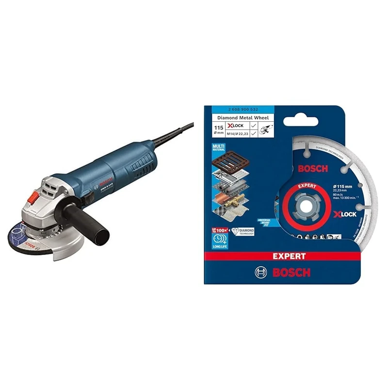 Bosch Professional Corded Angle Grinder GWS 9-115 S (900W, 110V, incl. Auxiliary Handle, in Box) + 1x Expert Diamond Metal Wheel X-Lock Cutting Disc (for Cast Iron, Ø 115 mm, Accessories)