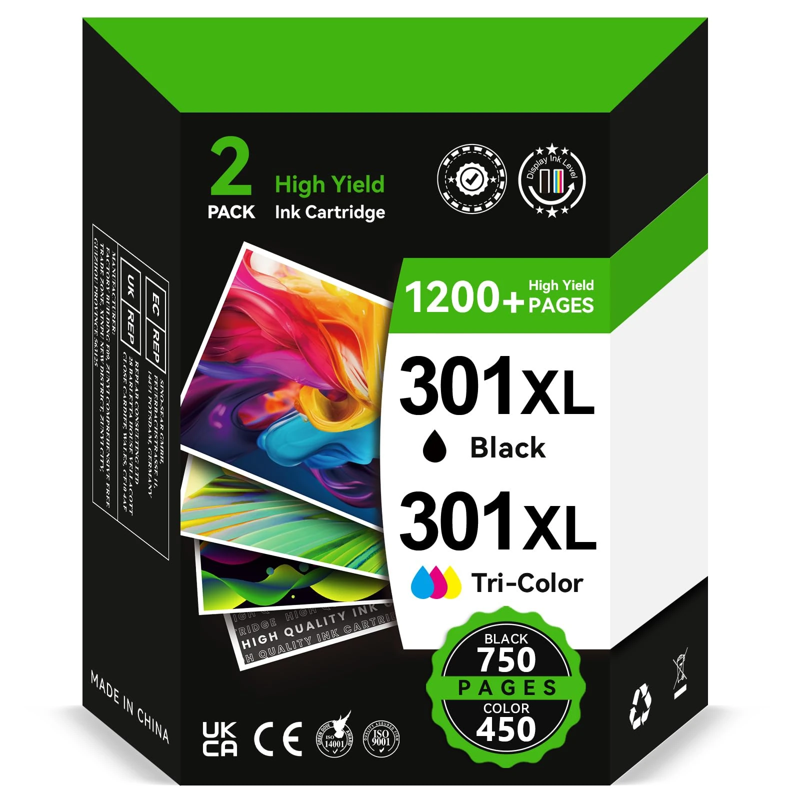 301XL Ink Cartridges BK/CMY- 750/450+ Pages, Replacement for HP 301 Ink Cartridges Black and Colour Original, Printer Ink 301 XL for DeskJet 3050 2050 2540 1050 Envy 4500 4504 OfficeJet 2620 4630 4632