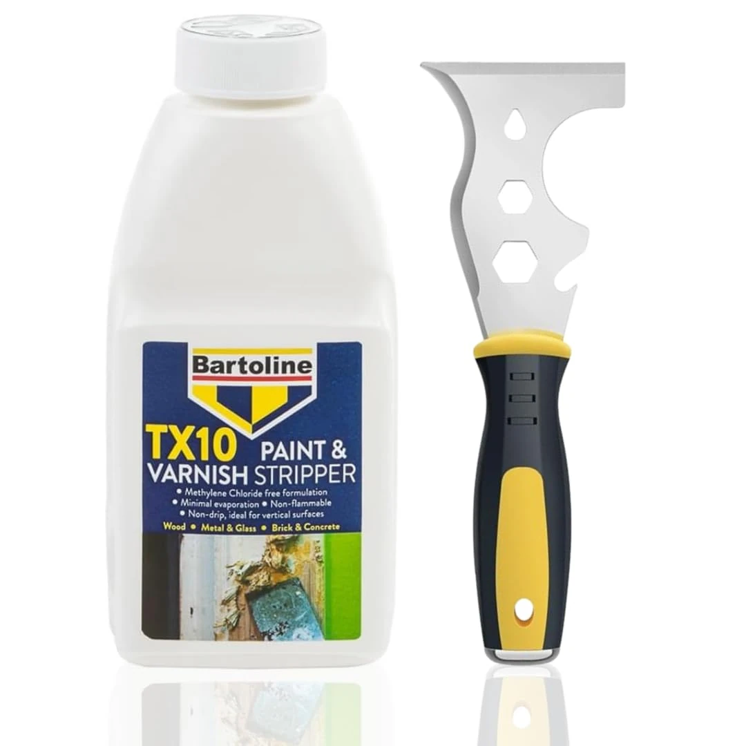 Paint & Varnish Stripper for Wood, Metal, Plaster, Concrete & Glass - 1 x 500ml Paint Remover Solution Bartoline TX10 + 13 in 1 Paint Scraper Tool
