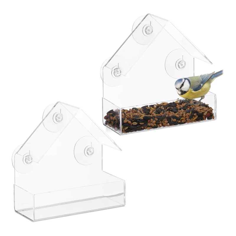 Relaxdays Window Bird Feeder Set of 2, 3 Suction Cups, Feeding Station with Roof, HWD: 15 x 15 x 7 cm, Transparent