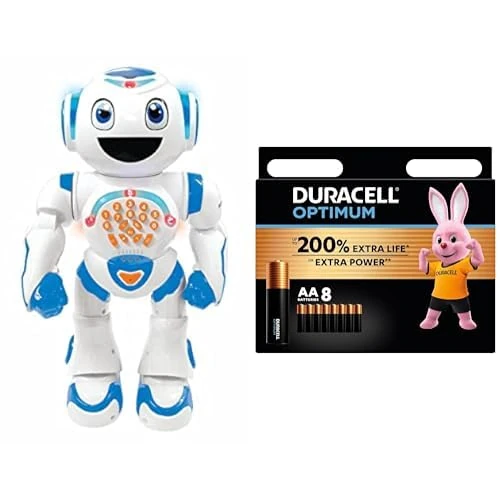 LexibookPowermanStar-RemoteControlWalkingTalkingToyRobotSTEMProgrammableforkids4+-ROB85EN + Duracell Optimum AA Batteries (8 pack) - Alkaline Batteries 1.5V - Up To 200% Extra Life or Extra Power - Me
