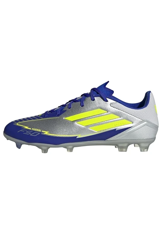 adidas Unisex F50 League Football Boots FG/MG, Silver Metallic/Solar Yellow/Lucid Blue, 12 UK
