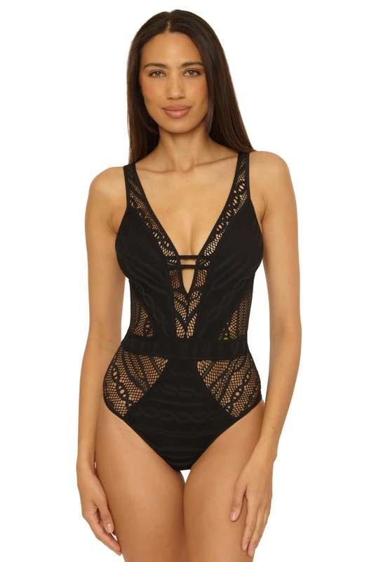 Becca Color Play - Women's One Piece Swimsuit, Plunge Neck, Crochet, Beach Bathing Suits for Women, Black (A), Medium - Image 1