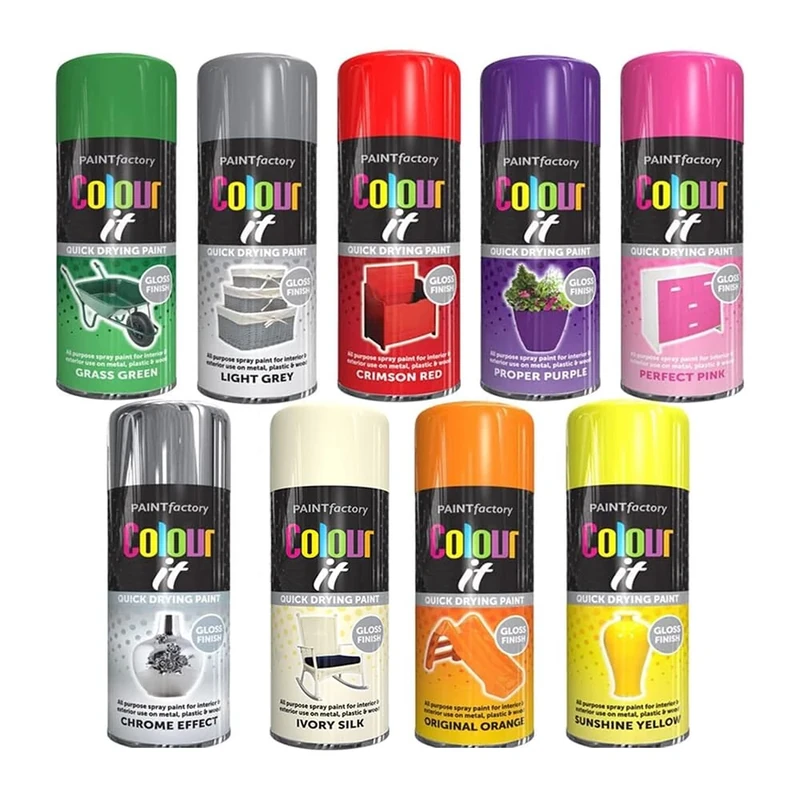 9 Mix Cans Gloss Finish All Purpose spray paint 400ml Multipurpose AerosoL, Quick and Fast Drying and Excellent Coverage for Metal, Wood, Plastic and More - A12