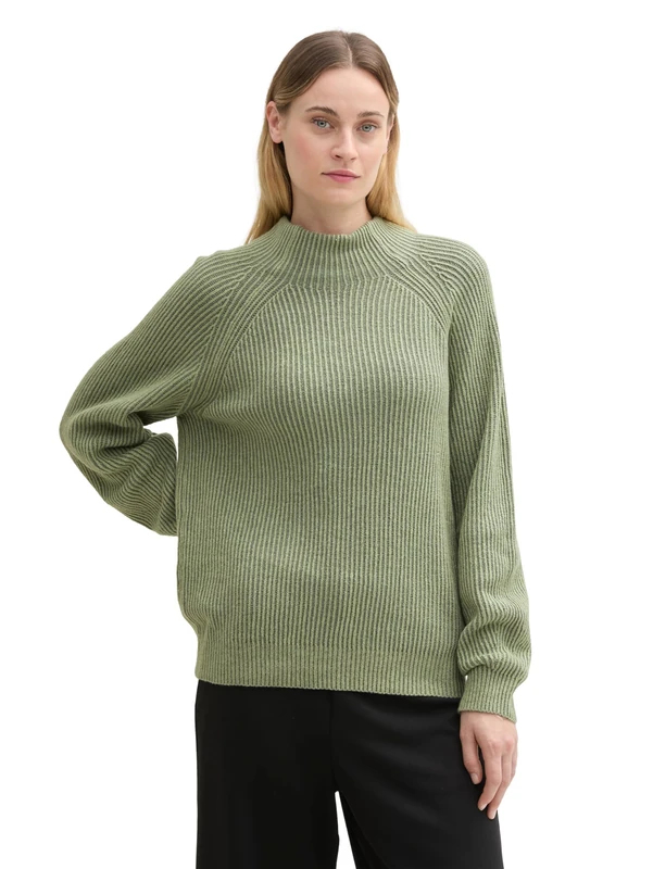 TOM TAILOR Women's 1042957 Ribbed Knitted Jumper with Wool Content, 36881-Pale Bark Green Structure, XL