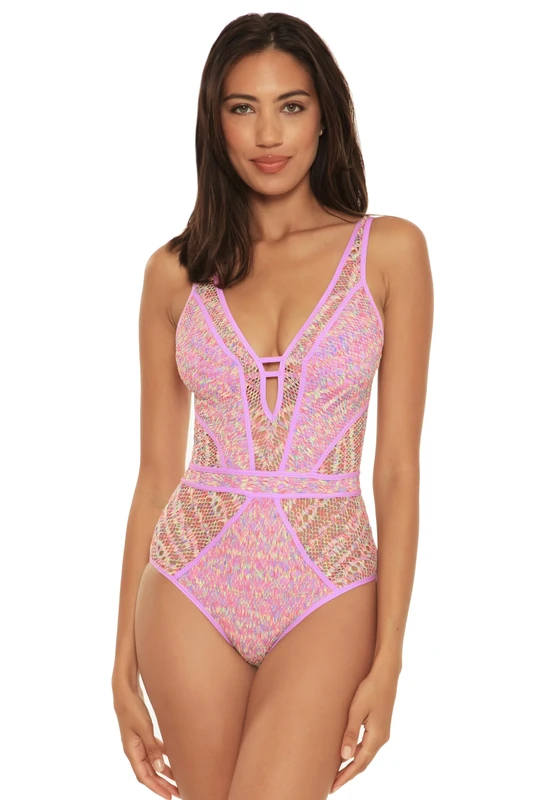 BECCA Women's Color Play One Piece Swimsuit - Plunge Neck Crochet XL