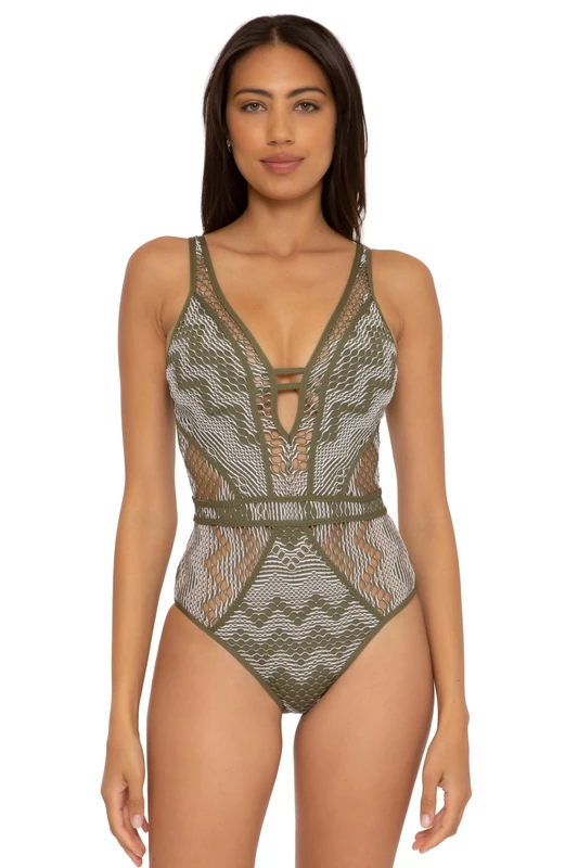 BECCA Women's Color Play One Piece Swimsuit, Plunge Neck, Crochet, Bathing Suits, Seaweed, Large - Image 1