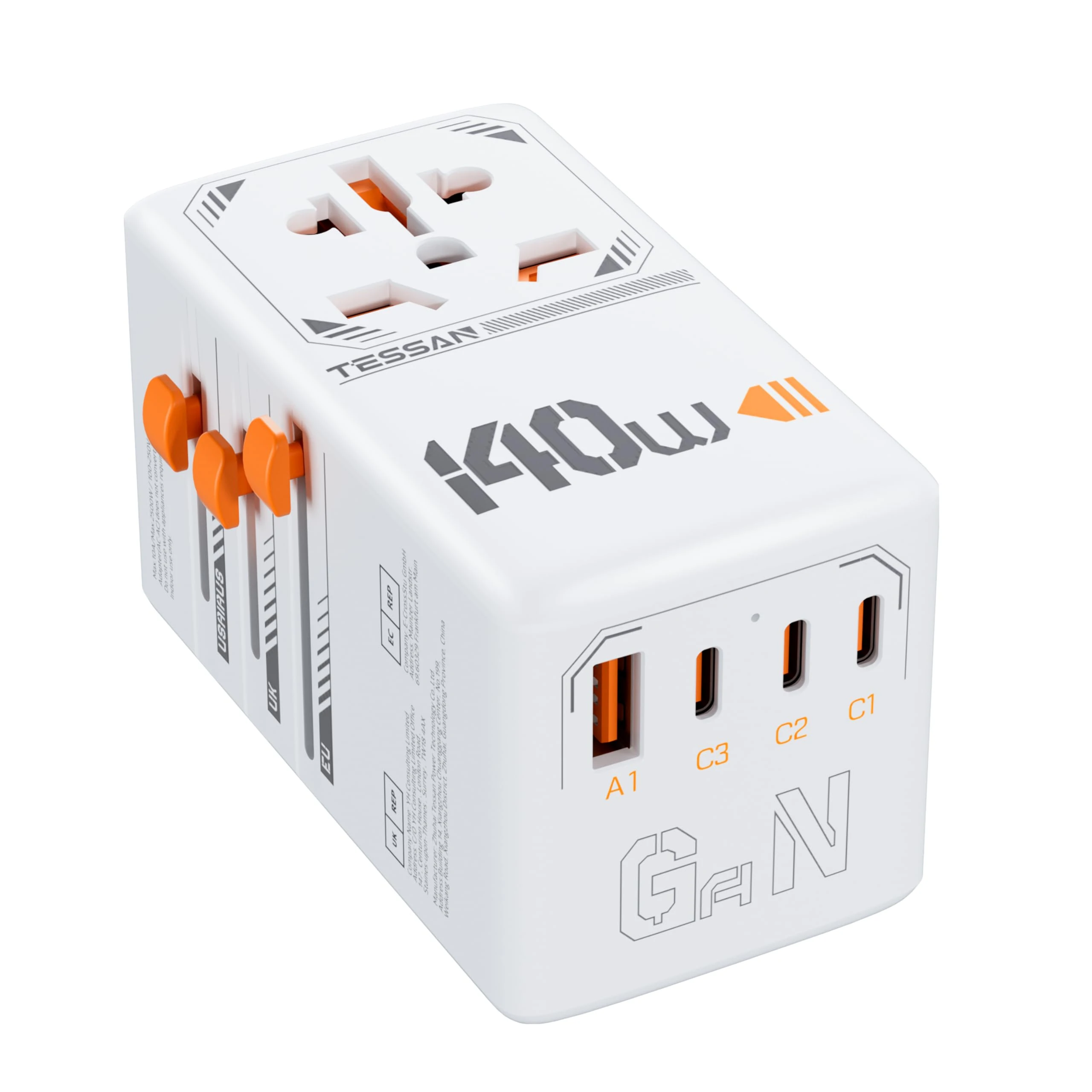 TESSAN Universal Travel Adapter Worldwide 140W, GaN International Plug Adaptor with 1 USB A and 3 USB C Charging Ports, Power Outlet for US to Europe UK AUS Ireland(Type C, G, A, I), White