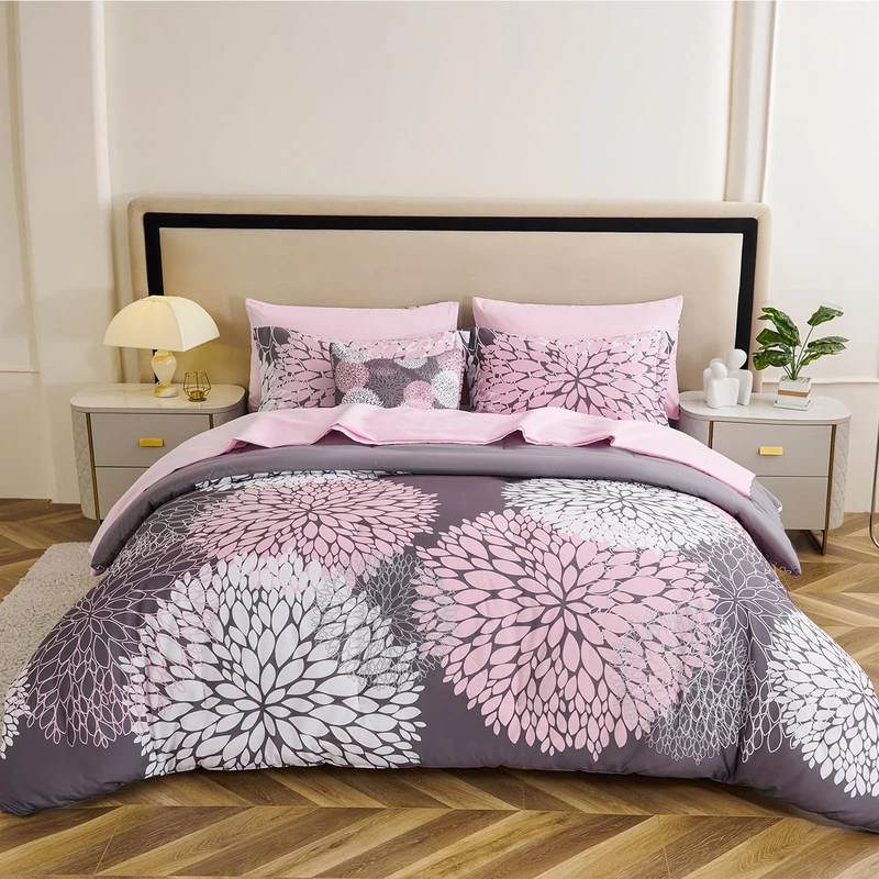Koniroom 8 Pieces Pink and Grey Comforter Set Queen Size Bed in a Bag with Pink Flowers for Women Teen Girls, Reversible Comforter with 2 Pillow Shams 1 Pink Flat Sheet 1 Fitted Sheet 2 Pillowcases