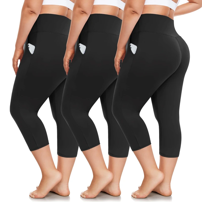 FULLSOFT 3 Pack Plus Size Capri Leggings with Pockets for Women -High Waist Stretchy 1X-4X Workout Yoga Pants - Image 1