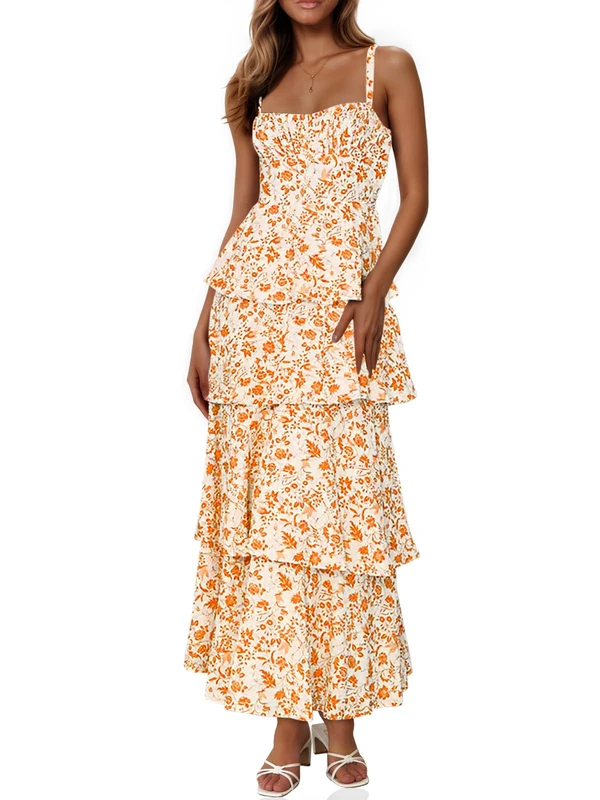 Fisoew Womens Floral Maxi Dresses Spaghetti Strap Casual Sleeveless Ruffle Flowy Tiered Dress, Orange, S