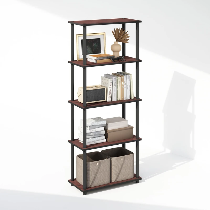 Furinno TURN-N-TUBE Book Shelf, 5-Tier Bookshelf, Bookcase with Multipurpose Compact Display Rack, 29.46 x 59.94 x 145.8 cm, for Living Room, Bedroom, Home Office, Dark Cherry/Black - Image 1