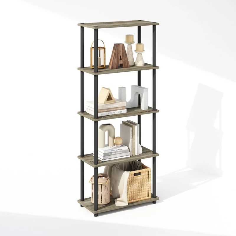 Furinno TURN-N-TUBE Book Shelf, 5-Tier Bookshelf, Bookcase with Multipurpose Compact Display Rack, 29.46 x 59.94 x 145.8 cm, for Living Room, Bedroom, Home Office, French Oak/Black - Image 1