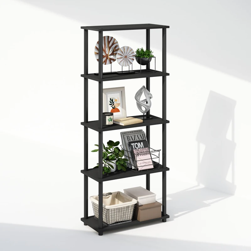 Furinno TURN-N-TUBE Book Shelf, 5-Tier Bookshelf, Bookcase with Multipurpose Compact Display Rack, 29.46 x 59.94 x 145.8 cm, for Living Room, Bedroom, Home Office, Americano/Black