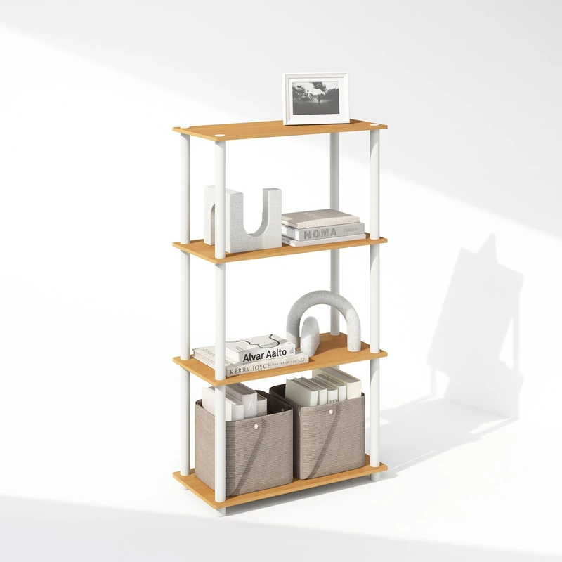 Furinno TURN-N-TUBE Book Shelf, 4-Tier Bookshelf, Bookcase with Multipurpose Compact Display Rack, 29.46 x 59.94 x 109.73 cm, for Living Room, Bedroom, Home Office, Beech/White