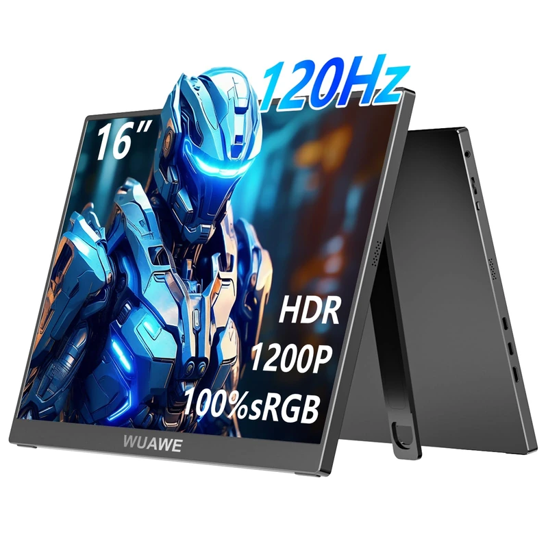 WUAWE 16" 1200P 120Hz Portable Monitor, 100% sRGB With Built-in Stand, HDR and Freesync, External USB C for Laptop, PC, Phone, Switch, Xbox and PS5 (Black)