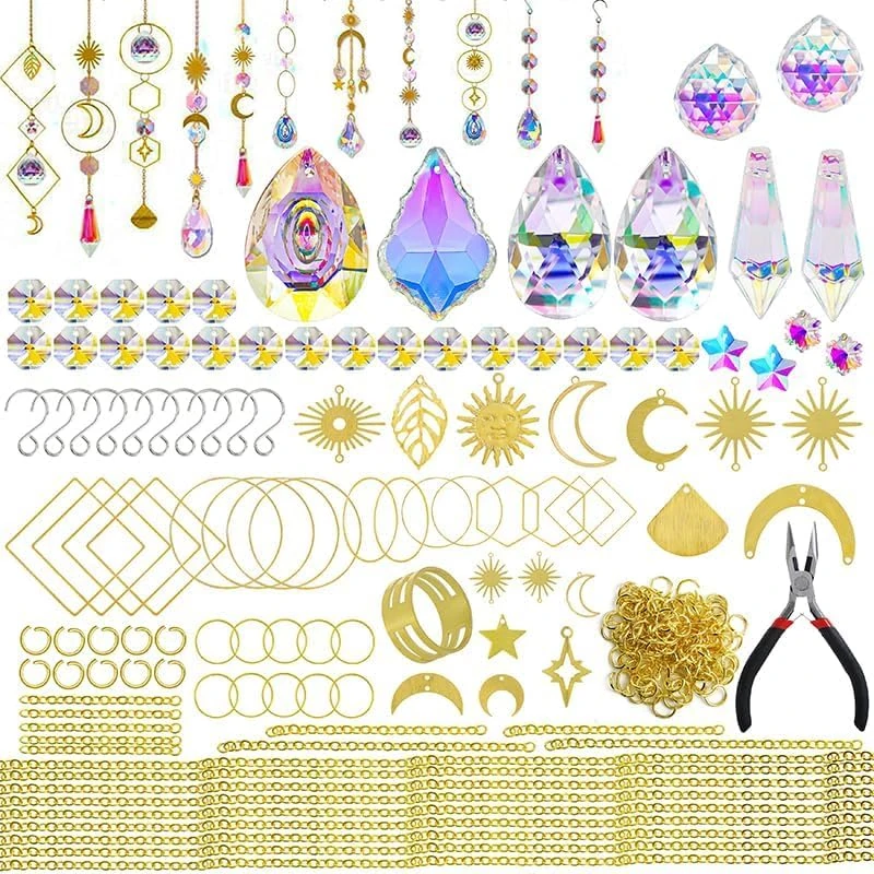 H&D HYALINE & DORA 215pcs DIY Crystal Suncatcher Kits for Adults Art Crafts Set with Rainbow Maker Prisms Pendant Sun Catchers Hanging Decor for Window Garden Wedding, Gold