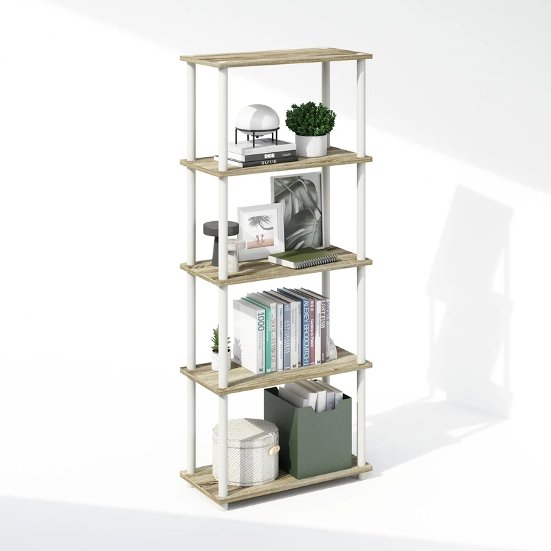 Furinno TURN-N-TUBE Book Shelf, 5-Tier Bookshelf, Bookcase with Multipurpose Compact Display Rack, 29.46 x 59.94 x 145.8 cm, for Living Room, Bedroom, Home Office, Sonoma Oak/White - Image 1