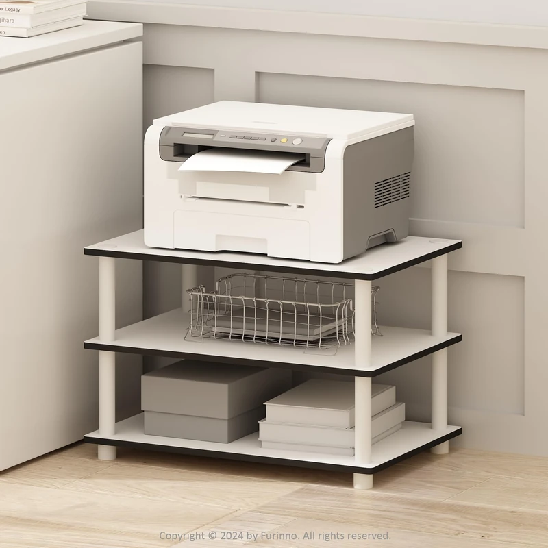 Furinno JUST Printer Stand with Storage, 3-Tier Under Desk Printer Stand, Printer Table, for CPU, Office Supplies, Home Office, White