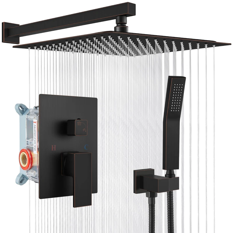gotonovo Rainfall Bathroom Shower System Rain Shower Head and Handle Set Wall Mounted Shower Complete Combo Solid Brass Pressure Balancing Shower Mixer Valve 16 Inch Oil Rubbed Bronze