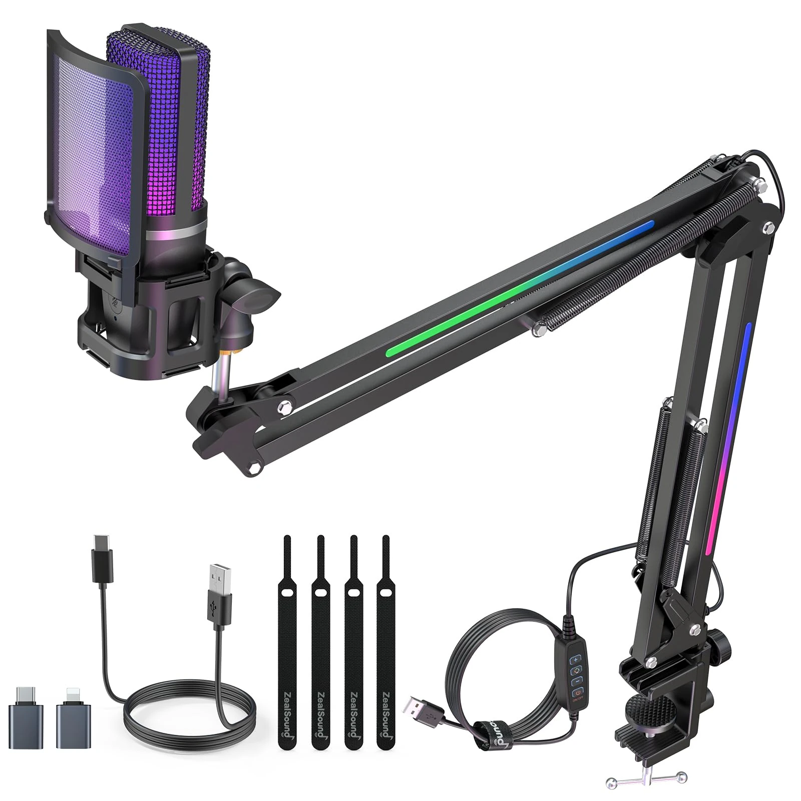 zealsound USB Microphone Kit, RGB Gaming Microphone with RGB Boom Arm, Compatible with iPhone, iPad, PC, Mac, PS5, with Quick Mute, Pop Filter, for Podcasts, Streaming, Discord, Twitch,YouTuber, A68T