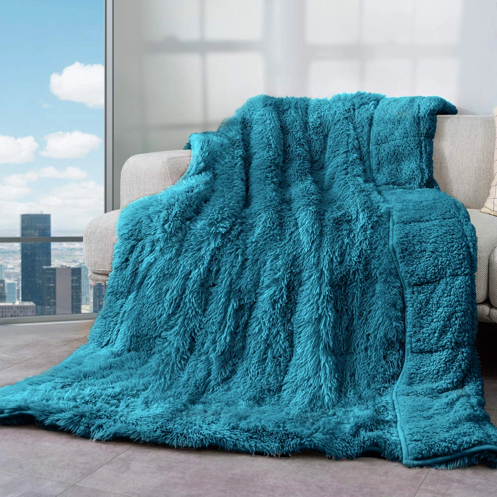 Cottonblue Weighted Blanket 12lbs 60x80 inches for Queen Bed, Faux Fur Sherpa Weighted Blanket for Adults, Plush Cozy Bed Blanket with Ceramic Beads for Calm and Relax,Teal Green