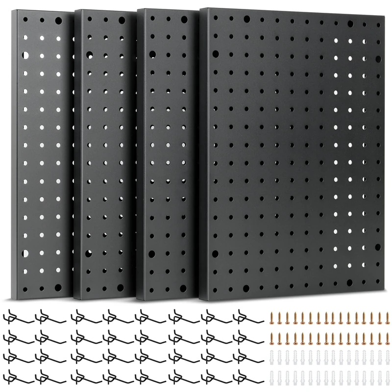 Heavy Duty 4-Panel Pegboard Wall Organizer With 32 Peg Hooks - 16’’ x 12’’ Black Heavy Duty Garage Utility Tools Steel Peg Board Kit Wall Storage System for Shop, Home - Installation Hardware Included