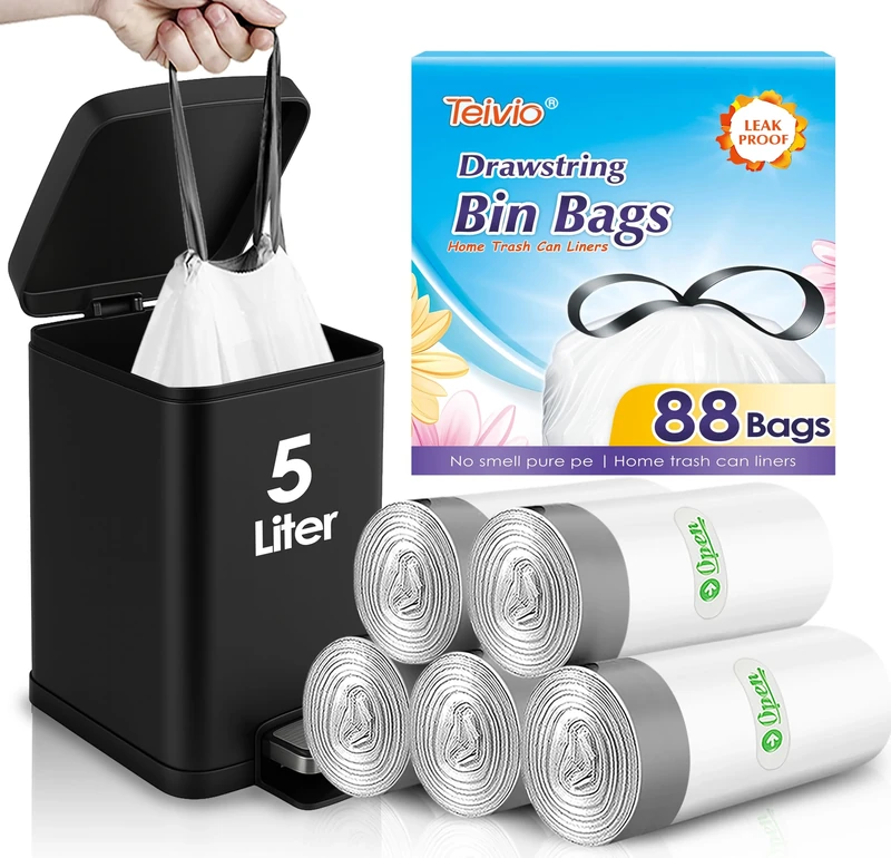Teivio 5 Liter Small Bin Liners with Tie Tap, 88 Counts Strong Drawstring Pedal Bin Bags Fit 3-5L Trash Can, Waste Paper Bin Bags for Home Office Kitchen Bathroom Bedroom, White Toilet Rubbish Bag