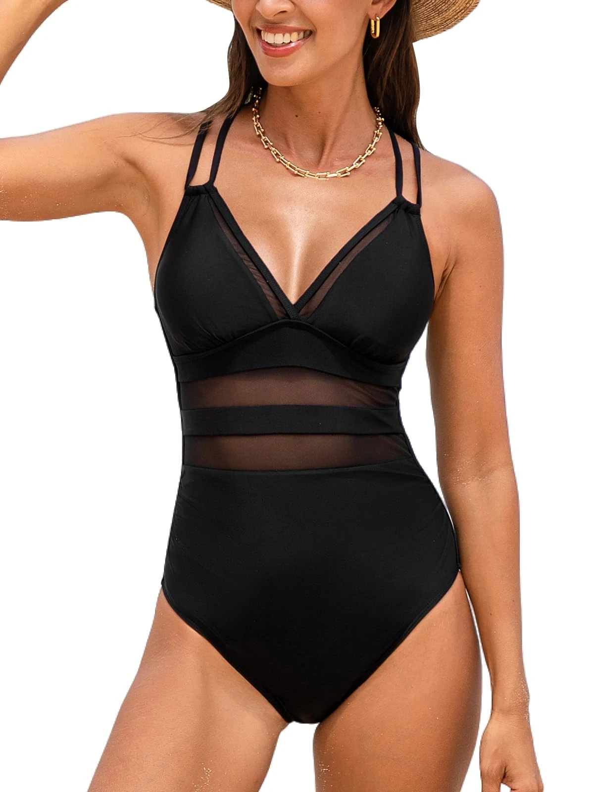 CUPSHE Women's One Piece Swimsuit Tummy Control Swimming Costume Deep V Neck Mesh Cutout Adjustable Straps Swimwear Black XS