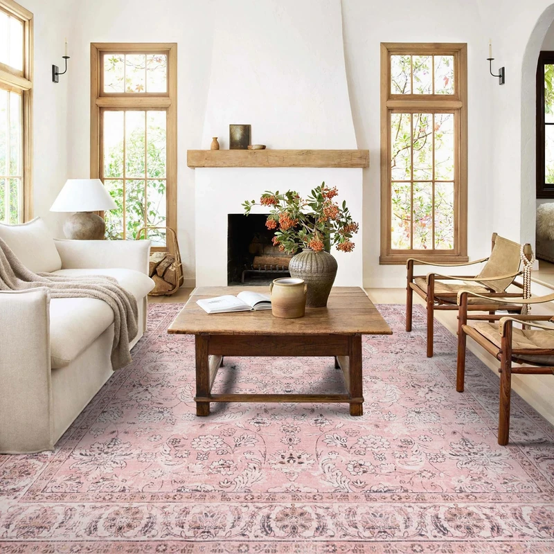 Fashriend Doria 9x12 Rug - Washable Floral, Non-Slip, Retro Pink