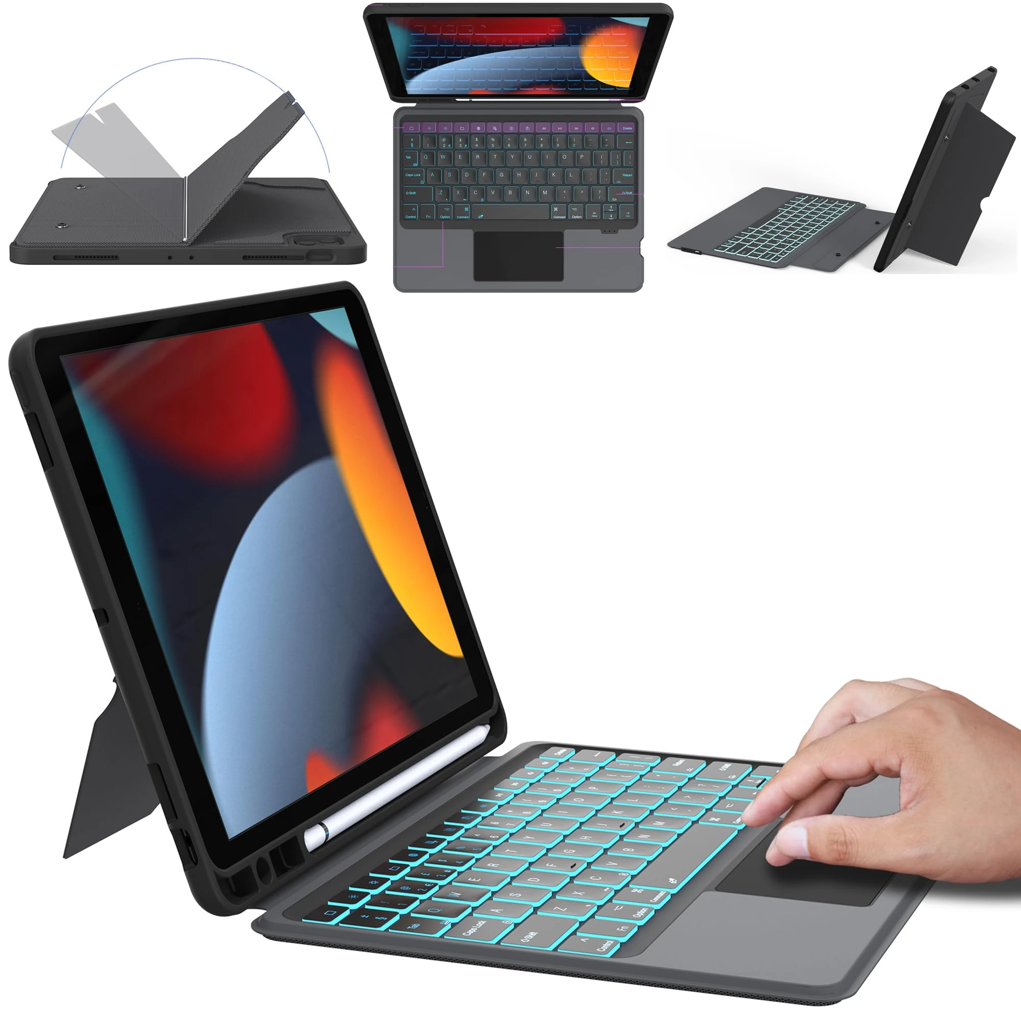 ROOFEI iPad 10.2 inch (9/8/7 Generation - 2021/2020/2019), iPad Air 3 & iPad Pro 10.5 Case with Detachable Keyboard : UK Layout Keyboard Case with Touchpad & 7 Color Backlit & Multi-Angle Kickstand