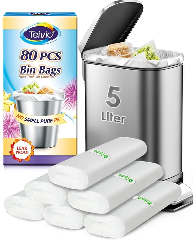 Teivio 5 Liter Small Bin Bags 80 Counts Pedal Bin Liners Thick Plastic Waste Bags for Bathroom, Kitchen, Office, Fit 3-5L Rubbish Bin, Clear