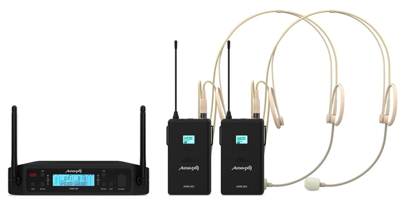 Audibax AWM 203 - Professional Wireless Headband Microphone System - 2 UHF Channels - Mini-XLR Connector - Live Apps & Events - Professional Sound