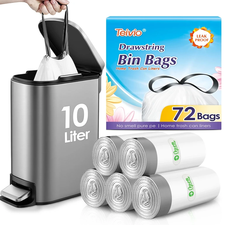 Teivio 10 Liter Small Bin Liners with Tie Tap, 70 Counts Strong Drawstring Pedal Bin Bags Fit 8-10L Trash Can, Waste Paper Bin Bags for Home Office Kitchen Bathroom Bedroom, White Toilet Rubbish Bag