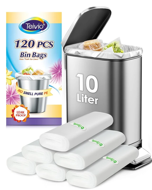 Teivio 10 Liter Small Bin Bags 120 Counts Pedal Bin Liners Thick Plastic Waste Bags for Bathroom, Kitchen, Office, Fit 7.5-10L Rubbish Bin, Clear