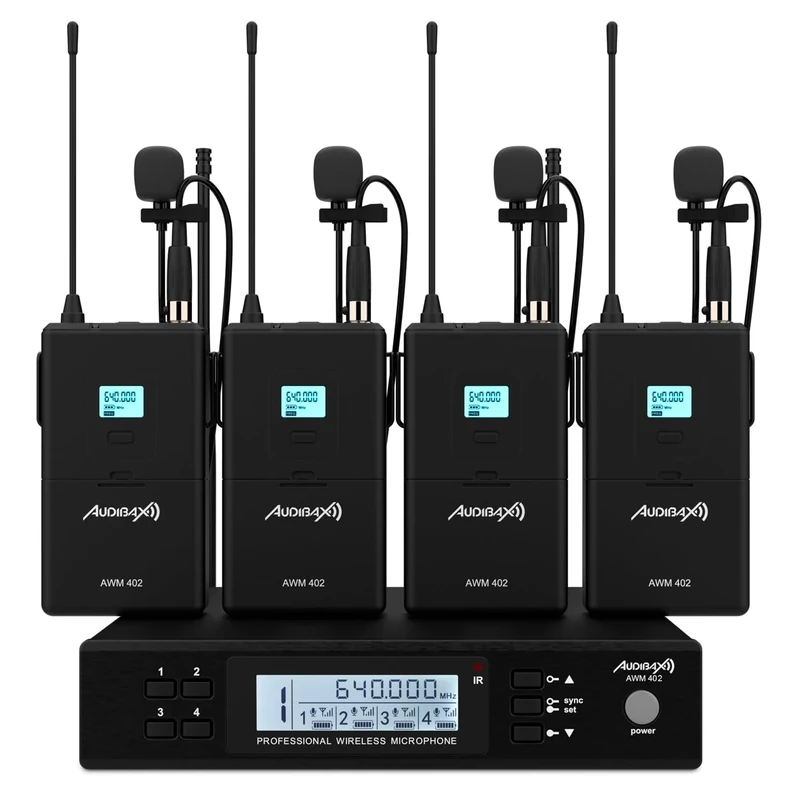 Audibax AWM 402 - Wireless Lavalier Microphone System - 4 Channel UHF - Mini-XLR Connector