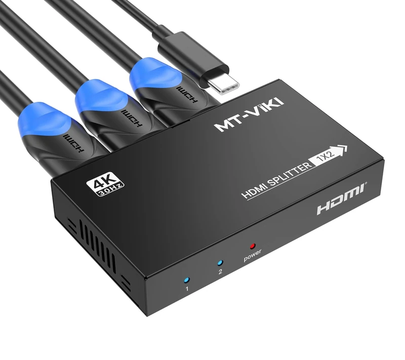 4K 30Hz HDMI Splitter 1 in 2 out, MT-VIKI 1 to 2 HDMI 2 Way Powered Distributor 1x2 For 2 Monitors Screens HDTV CCTV 3D Supports EDID HDCP + USB-C Cable