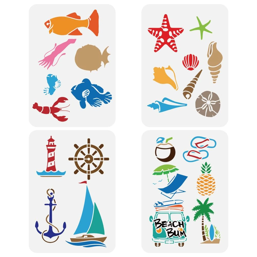 FINGERINSPIRE 4Pcs Aquatic Animals Seashells Nautical Beach Holiday Theme Big Stencils 21x29.7cm Lobster Anchor Coconut Tree Lighthouse Painting Large Stencil Summer Ocean Theme Spraying Templates