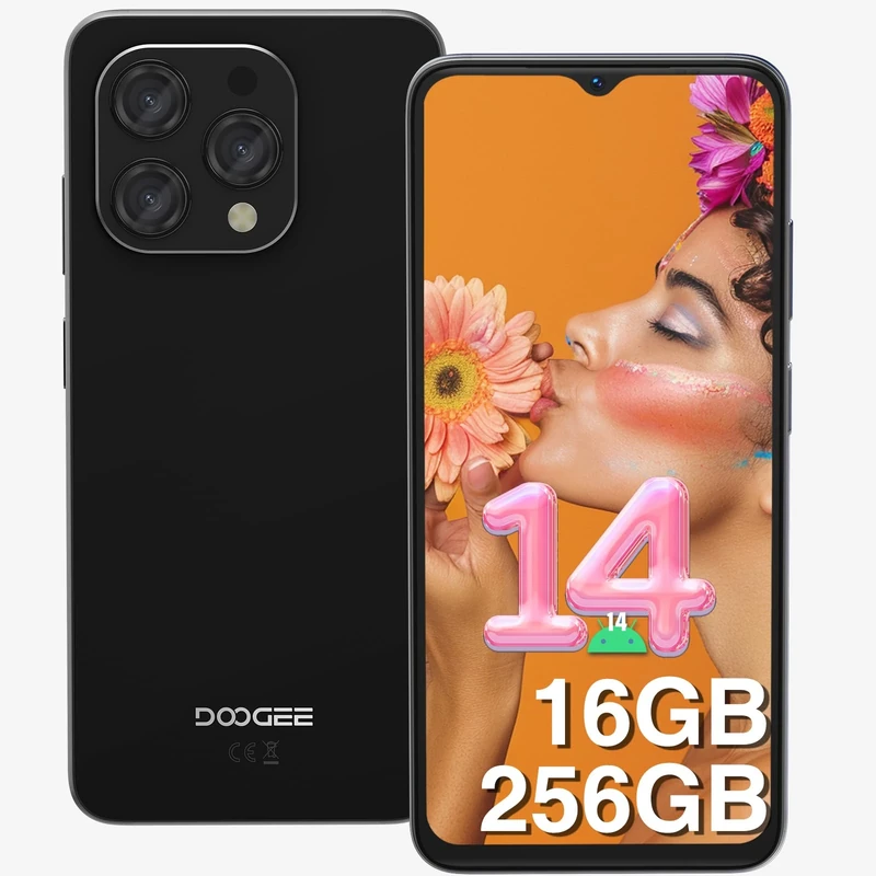 DOOGEE N55PRO Mobile Phones, Newest Android 14 Phone 2025, 16GB+256GB Smartphone, 6.56 Inch HD+ 90Hz, 5150mAh, Octa-Core, 13MP+8MP Camera, Widevine L1/ 5G WIFI/OTG/GPS/Face Unlock, Black