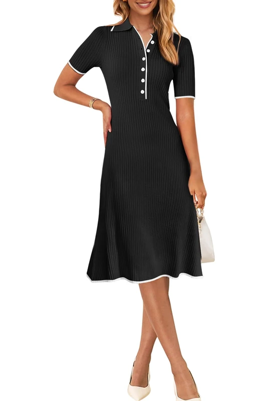 Merokeety Women's V Neck Ribbed Knit Midi Dress Short Sleeve Button Elegant Bodycon Sweater Dresses, Black, M