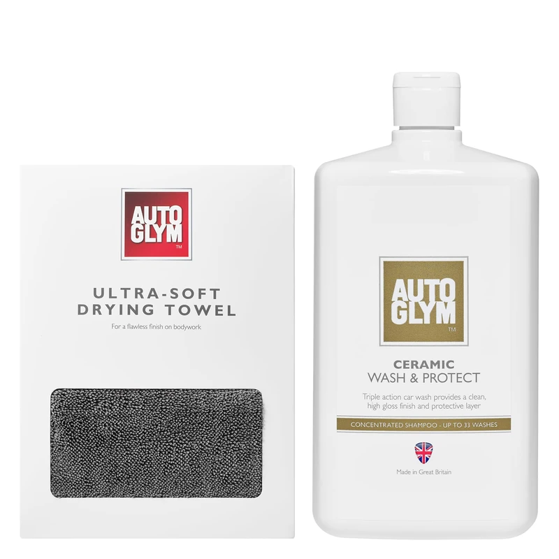 Autoglym Ceramic Wash and Protect, 1L –Triple Action Ceramic Car Shampoo Cleans, Protects And Leaves High Gloss Finish + Ultra-Soft Drying Towel, Extra Large Car Drying Towel, Ultra-Absorbent