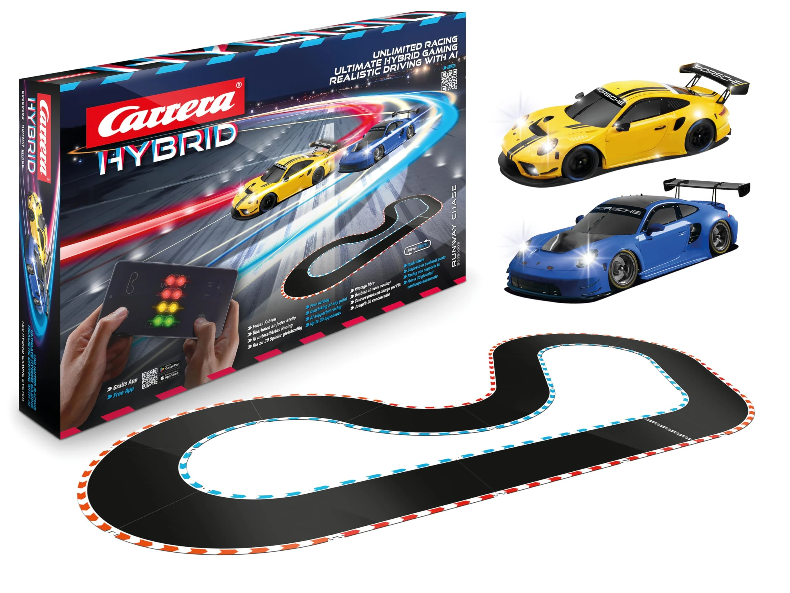 Carrera Hybrid 50050003 "Runway Chase" Porsche 911 GT3 R 1:50 Scale AI-Supported Race System with Working Lights & USB-C Charging Amazon Exclusive