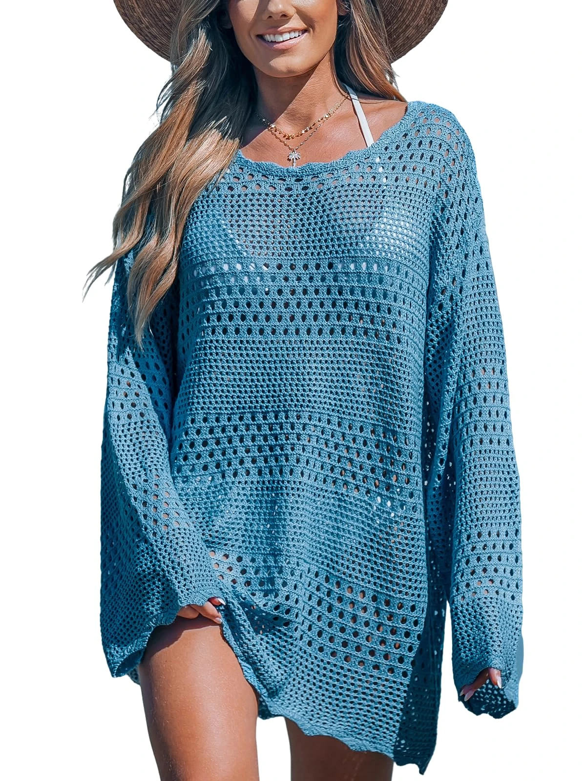 CUPSHE Women's Swimsuit Cover Up Bathing Suit Crochet Summer Swimwear Knit Pullover Beach Dress Blue L