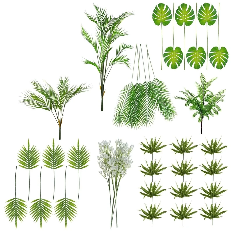 Pack of 38 Foliage Stem Plants - Leaves and Palm Trees, Green