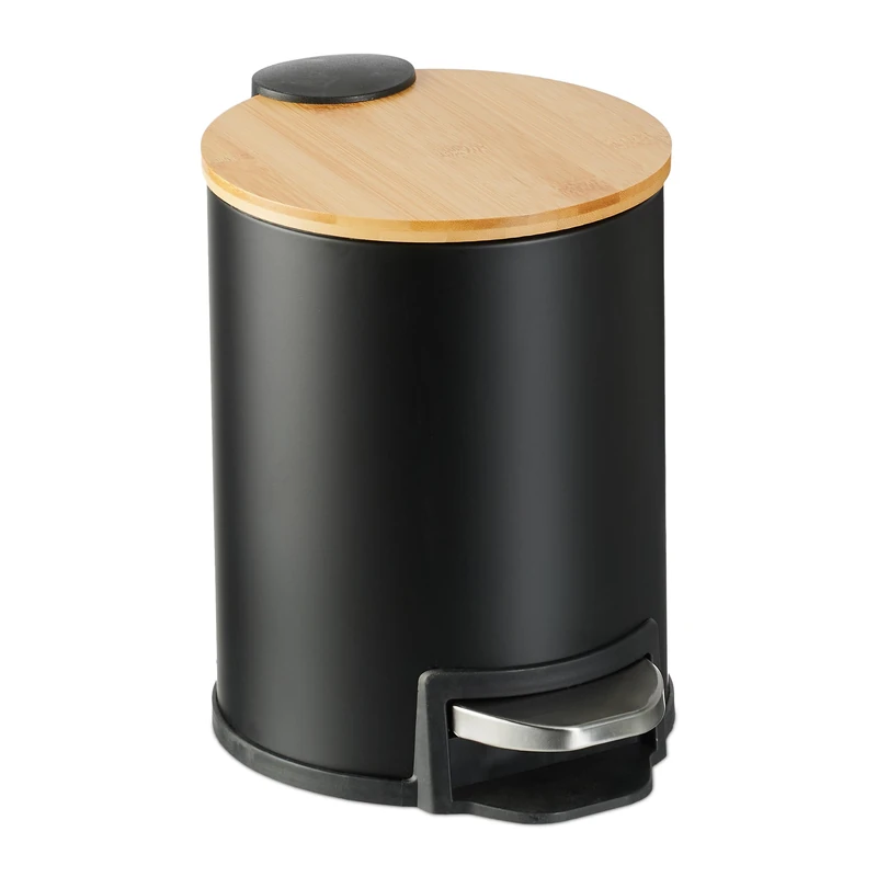 Relaxdays Step Pedal Bin, 3 Litre, Soft-close Mechanism, Removable Inside, Bathroom Cosmetic Waste, Metal, Bamboo, Black, Iron, 22.5 x 17 x 23 cm