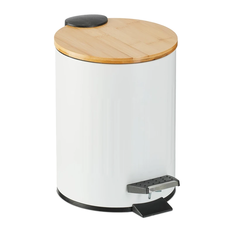 Relaxdays Step Pedal Bin, 3 Litre, Soft-close Mechanism, Removable Inside, Bathroom Cosmetic Waste, Metal, Bamboo, White, Iron, 23.5 x 17 x 21.5 cm - Image 1